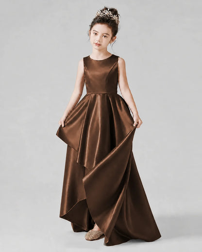 Chocolate Satin A-line Junior Bridesmaid Dress Front View