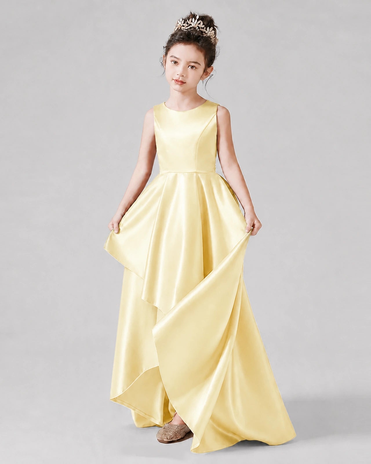 Dideyttawl Junior Bridesmaid Dress with Sleeveless Satin Bodice and High-Low Skirt