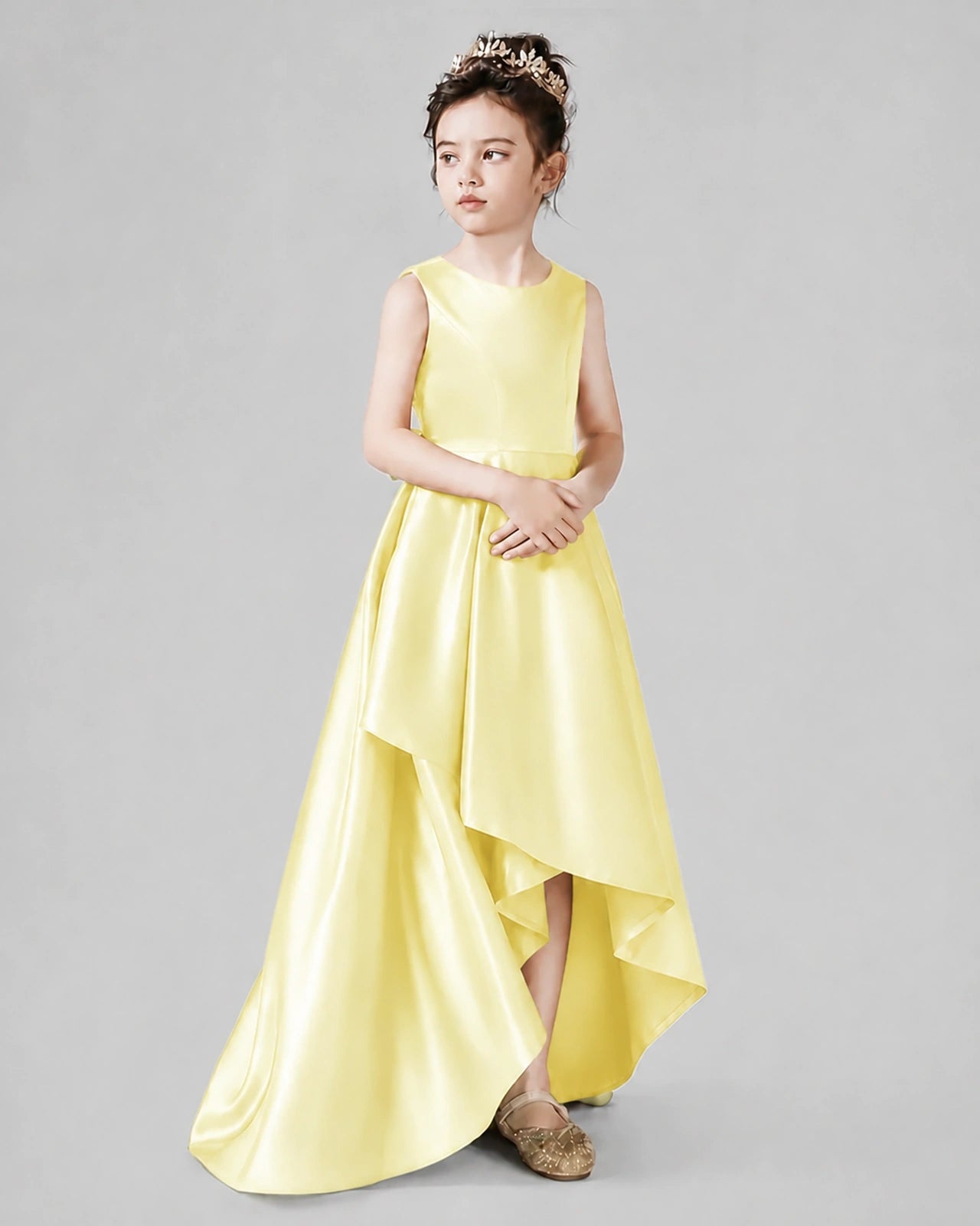 Dideyttawl Junior Bridesmaid Dress with Sleeveless Satin Bodice and High-Low Skirt