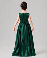 Dark Green Satin A-line Junior Bridesmaid Dress Back View