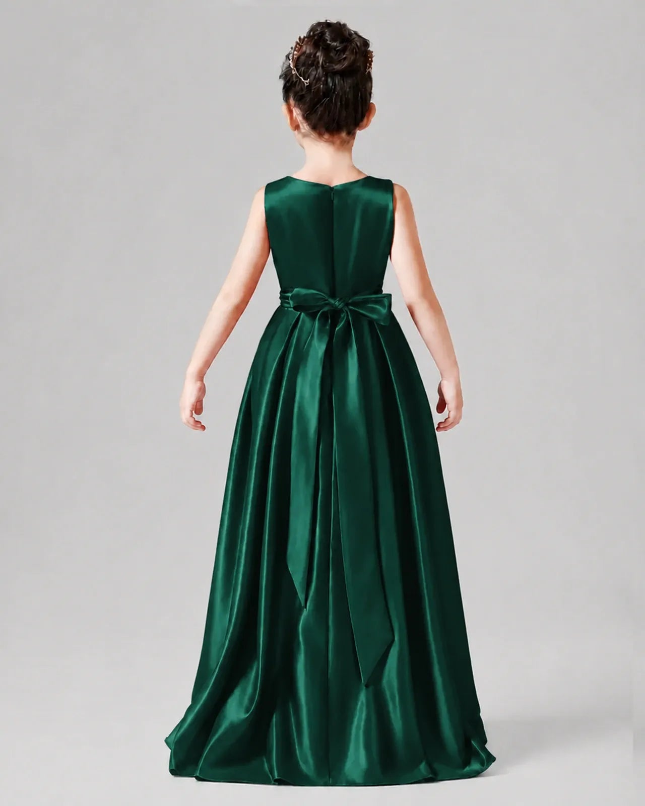 Dark Green Satin A-line Junior Bridesmaid Dress Back View