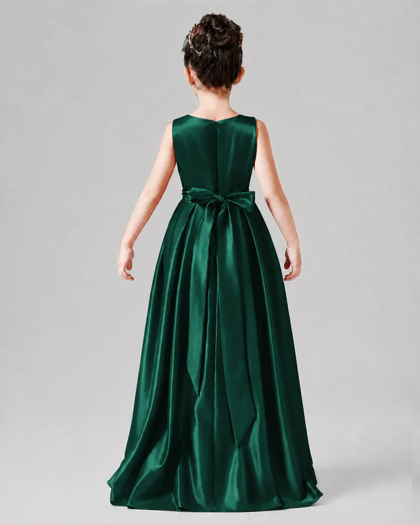 Dark Green Satin A-line Junior Bridesmaid Dress Back View