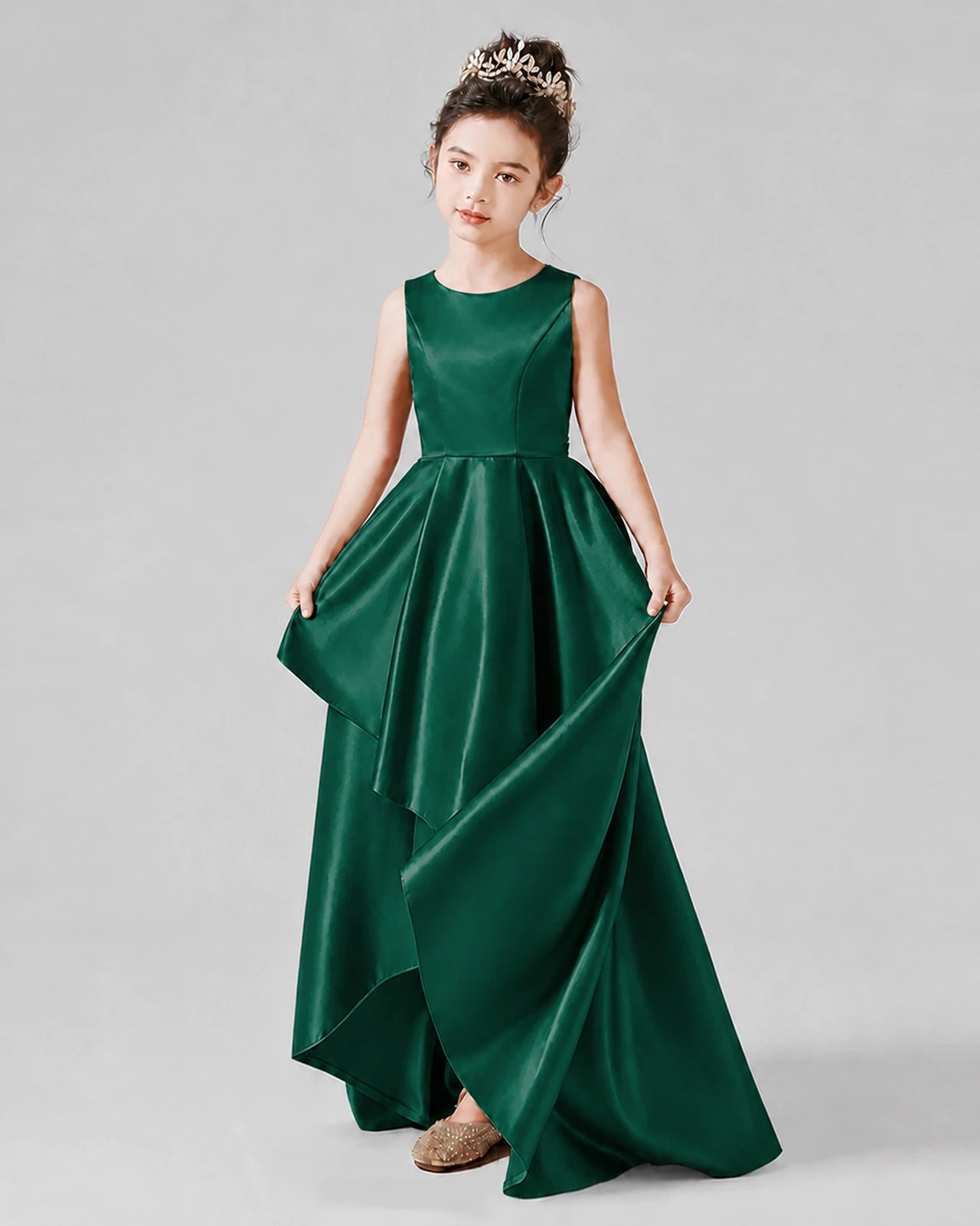 Dideyttawl Junior Bridesmaid Dress with Sleeveless Satin Bodice and High-Low Skirt