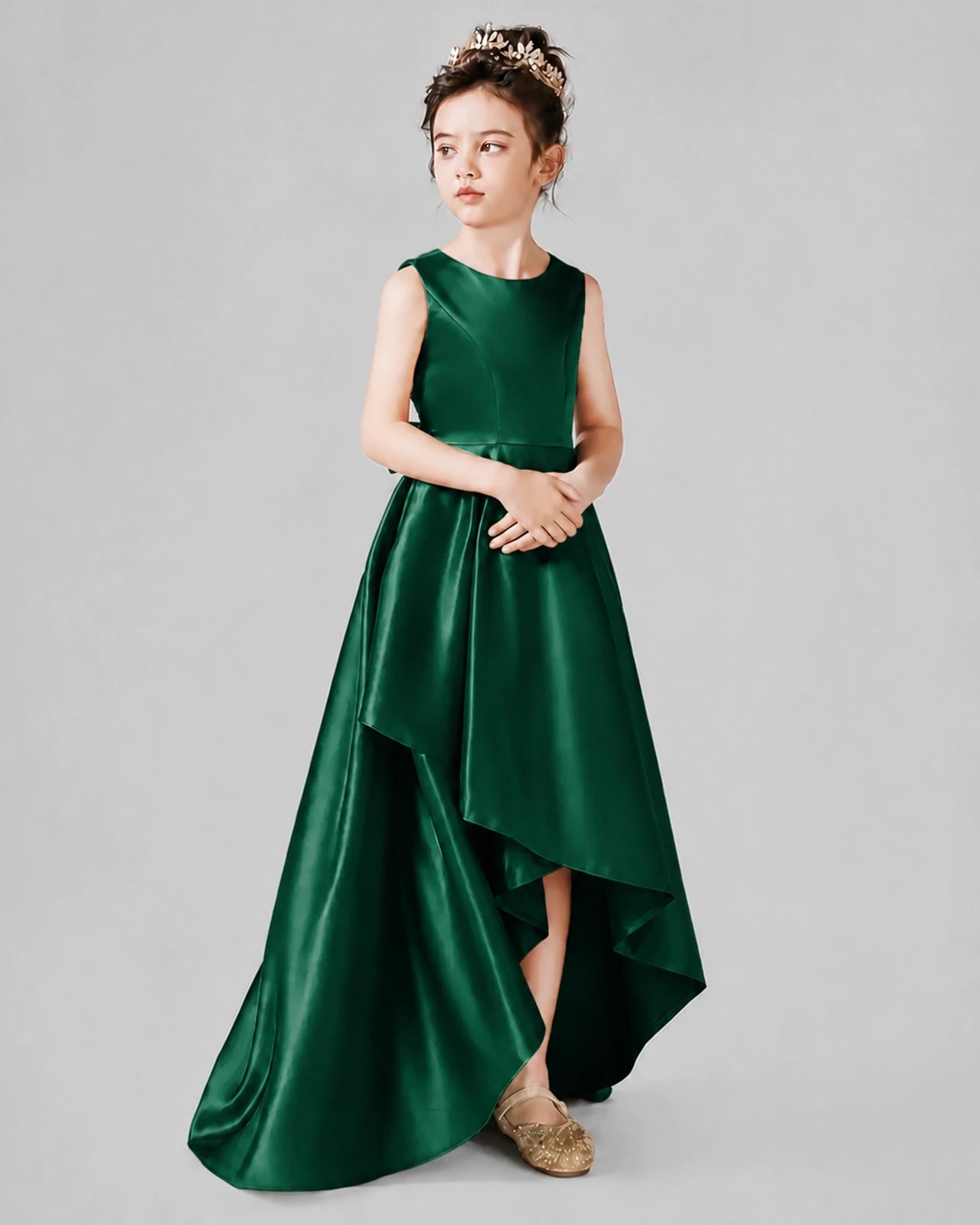 Dideyttawl Junior Bridesmaid Dress with Sleeveless Satin Bodice and High-Low Skirt