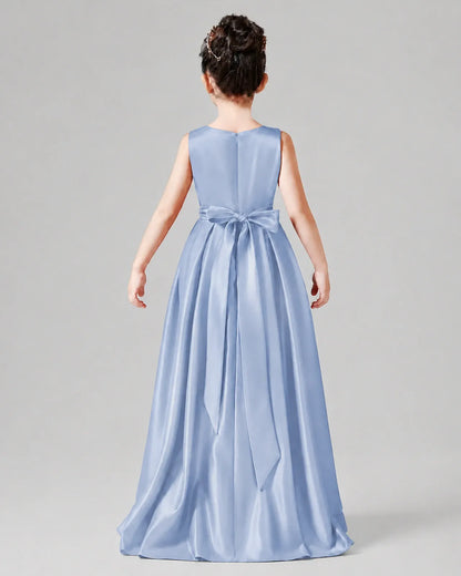 Dusty Blue Satin A-line Junior Bridesmaid Dress Back View