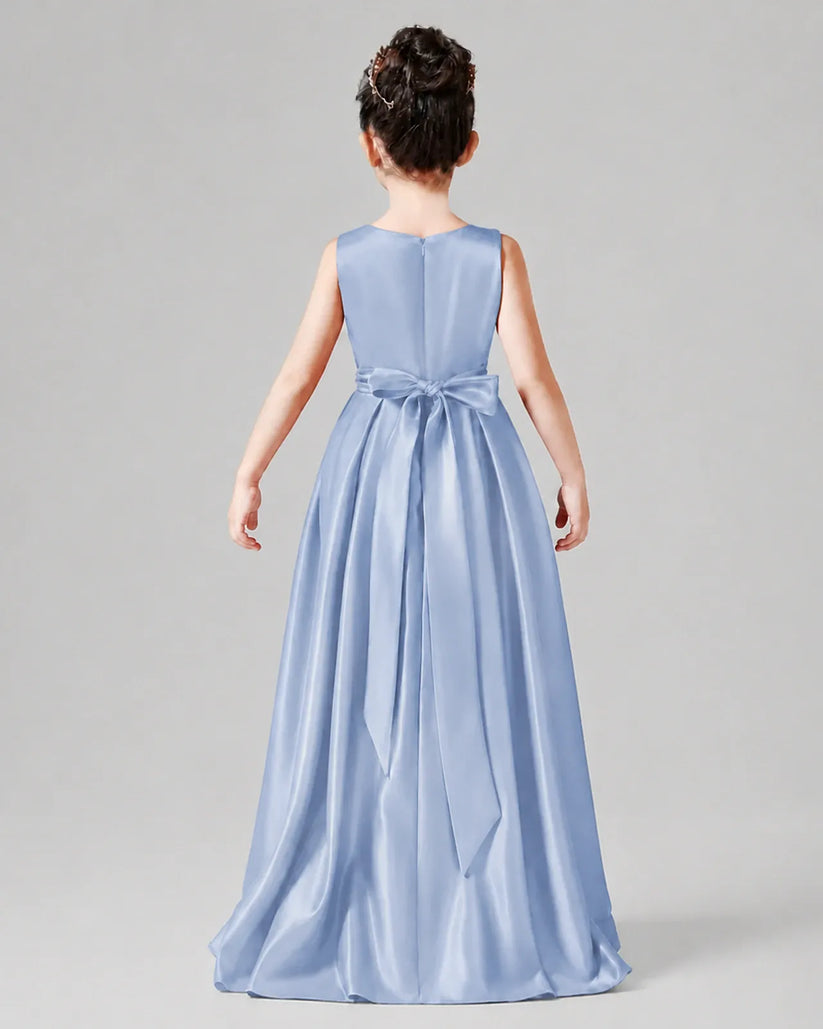 Dusty Blue Satin A-line Junior Bridesmaid Dress Back View