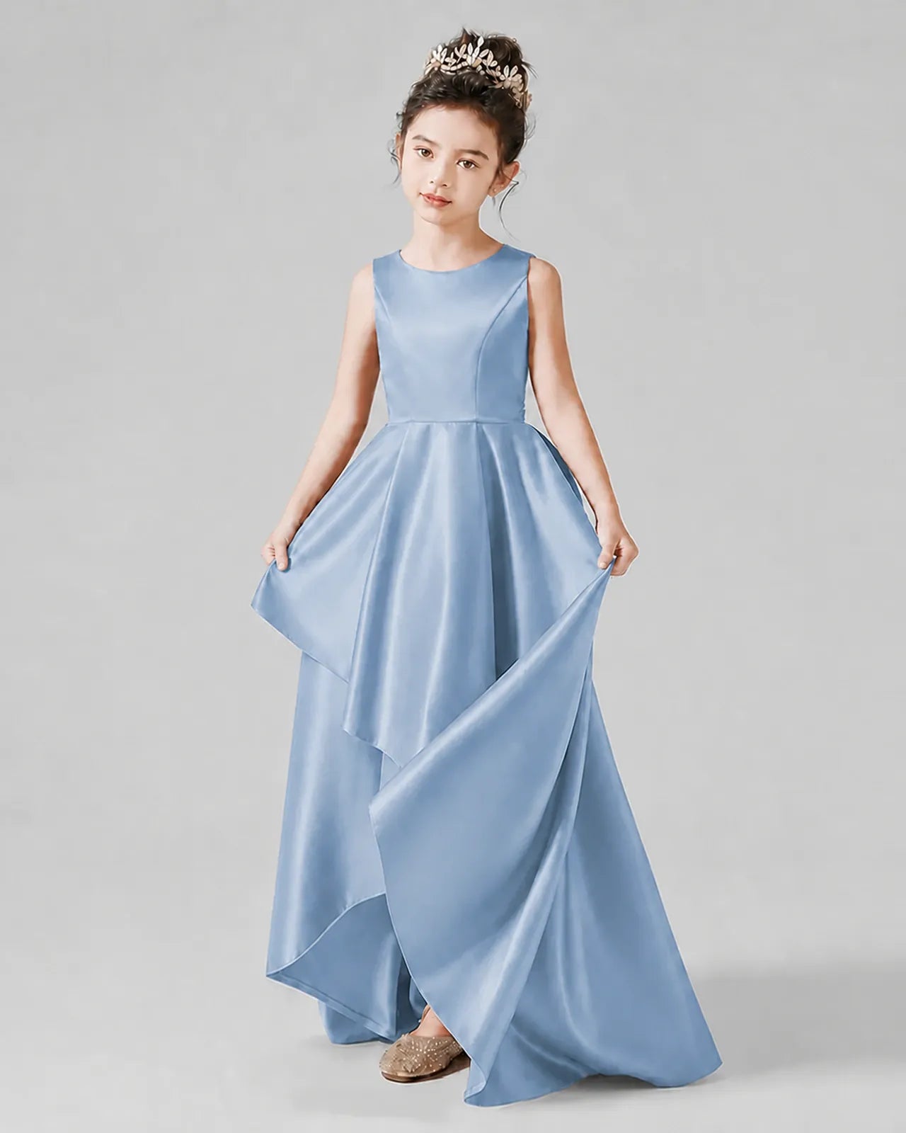 Dusty Blue Satin A-line Junior Bridesmaid Dress Front View