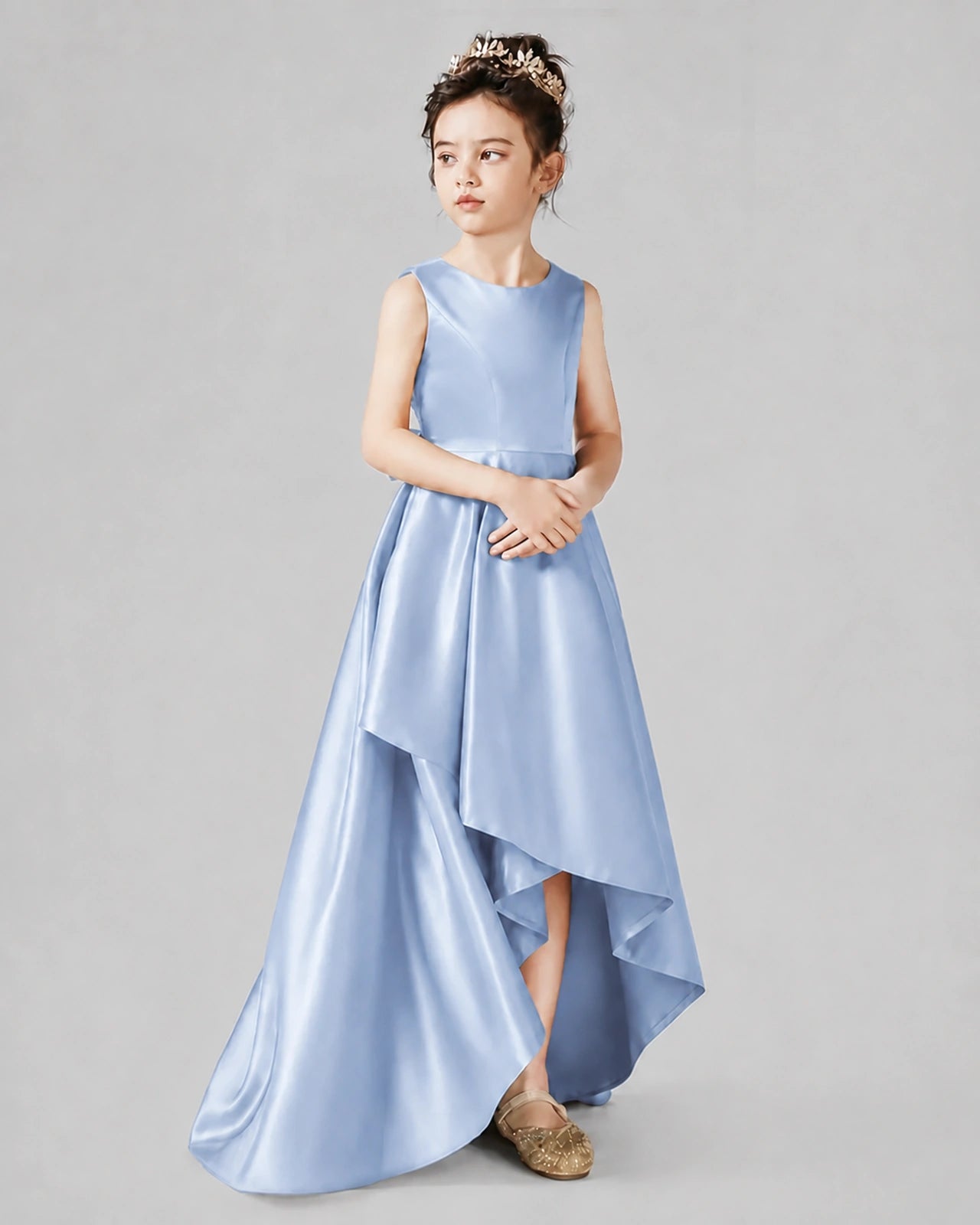 Dideyttawl Junior Bridesmaid Dress with Sleeveless Satin Bodice and High-Low Skirt