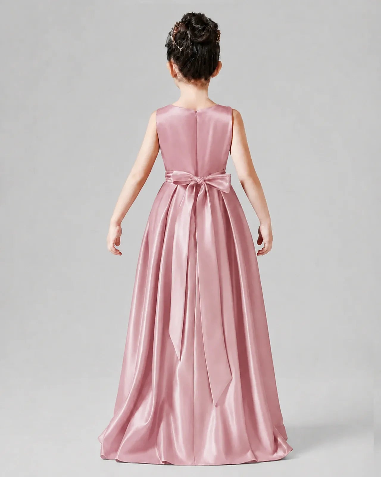 Dusty Rose Satin A-line Junior Bridesmaid Dress Back View