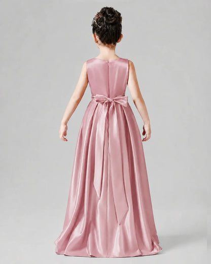 Dusty Rose Satin A-line Junior Bridesmaid Dress Back View