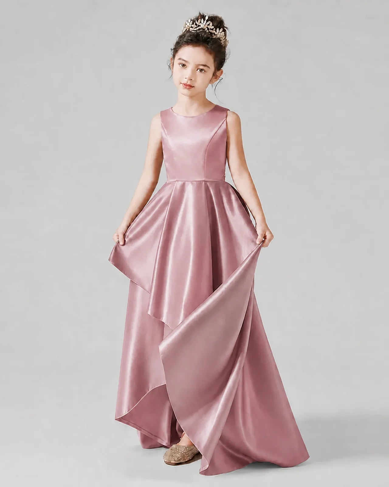 Dusty Rose Satin A-line Junior Bridesmaid Dress Front View