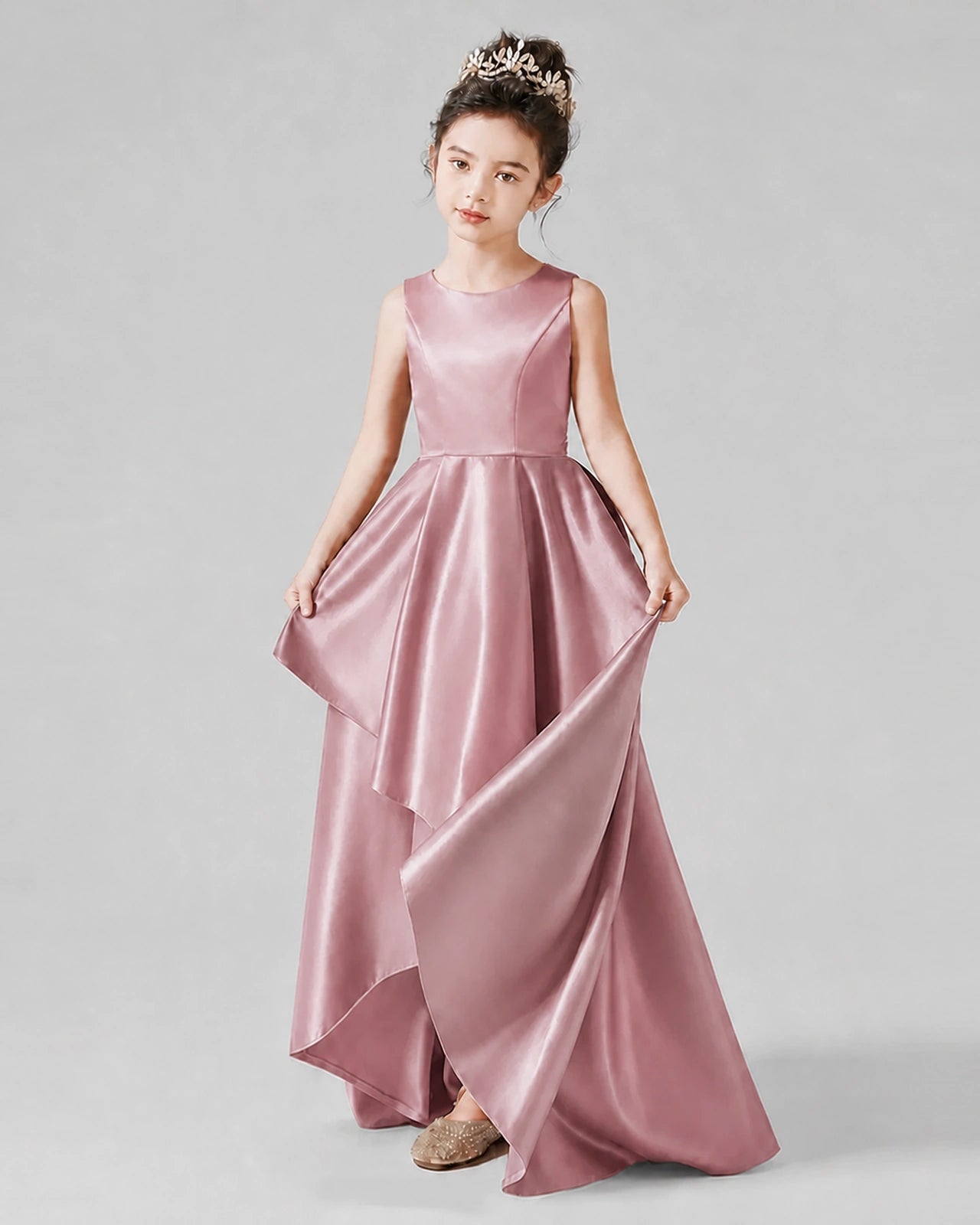 Dideyttawl Junior Bridesmaid Dress with Sleeveless Satin Bodice and High-Low Skirt