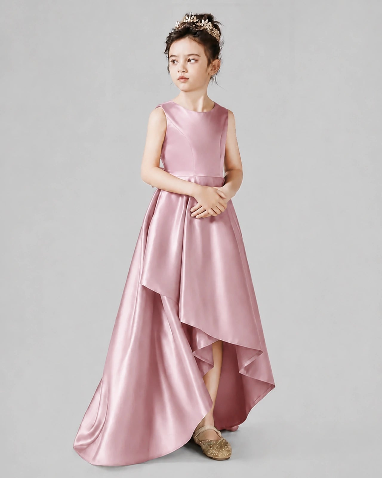Dideyttawl Junior Bridesmaid Dress with Sleeveless Satin Bodice and High-Low Skirt