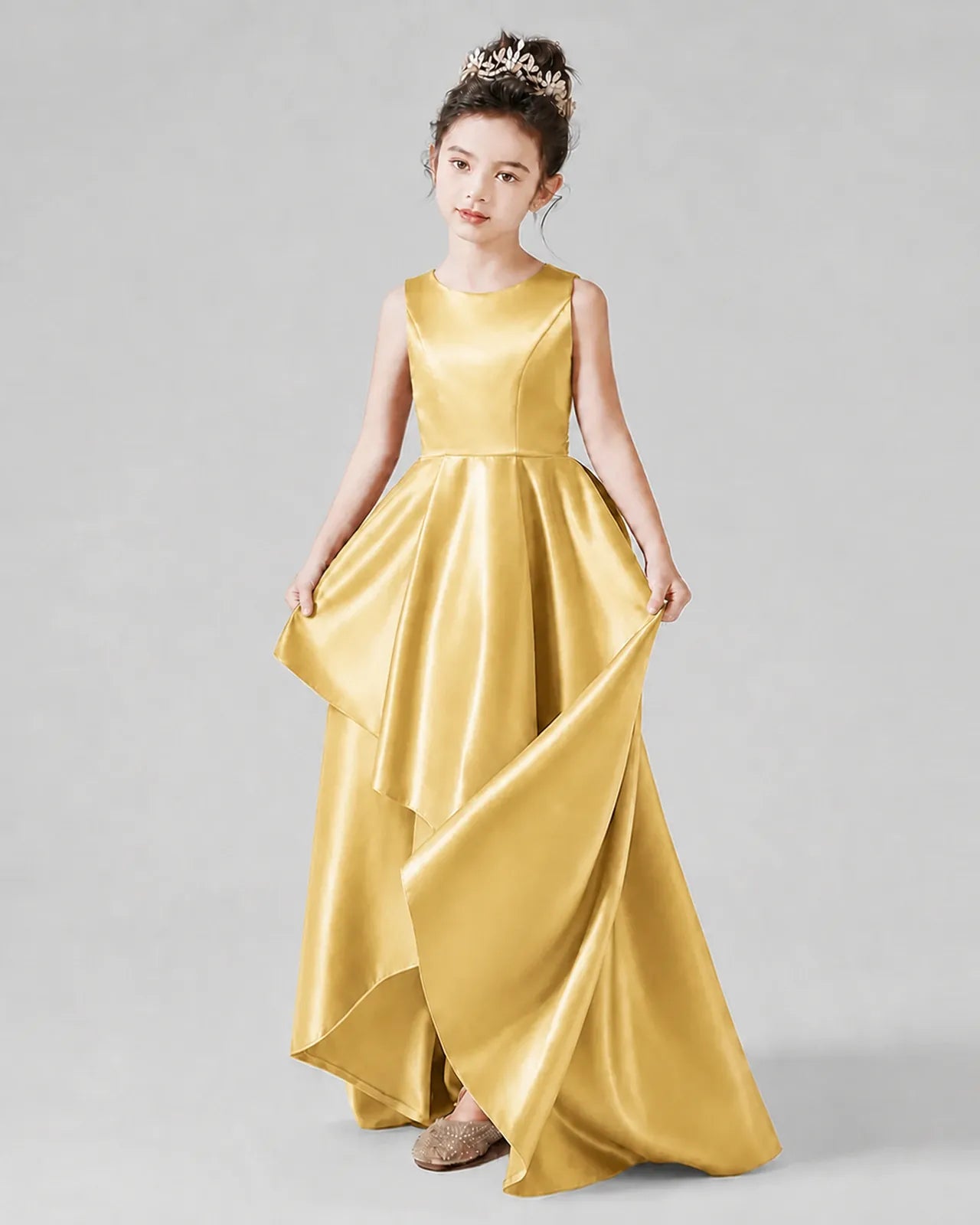 Gold Satin A-line Junior Bridesmaid Dress Front View
