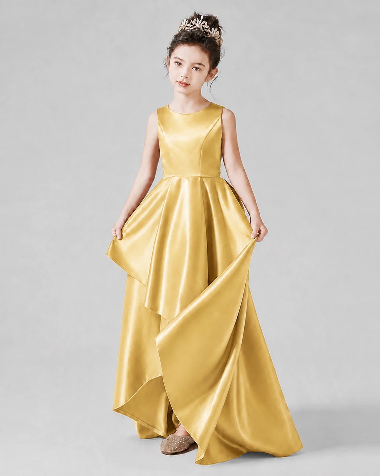 Dideyttawl Junior Bridesmaid Dress with Sleeveless Satin Bodice and High-Low Skirt