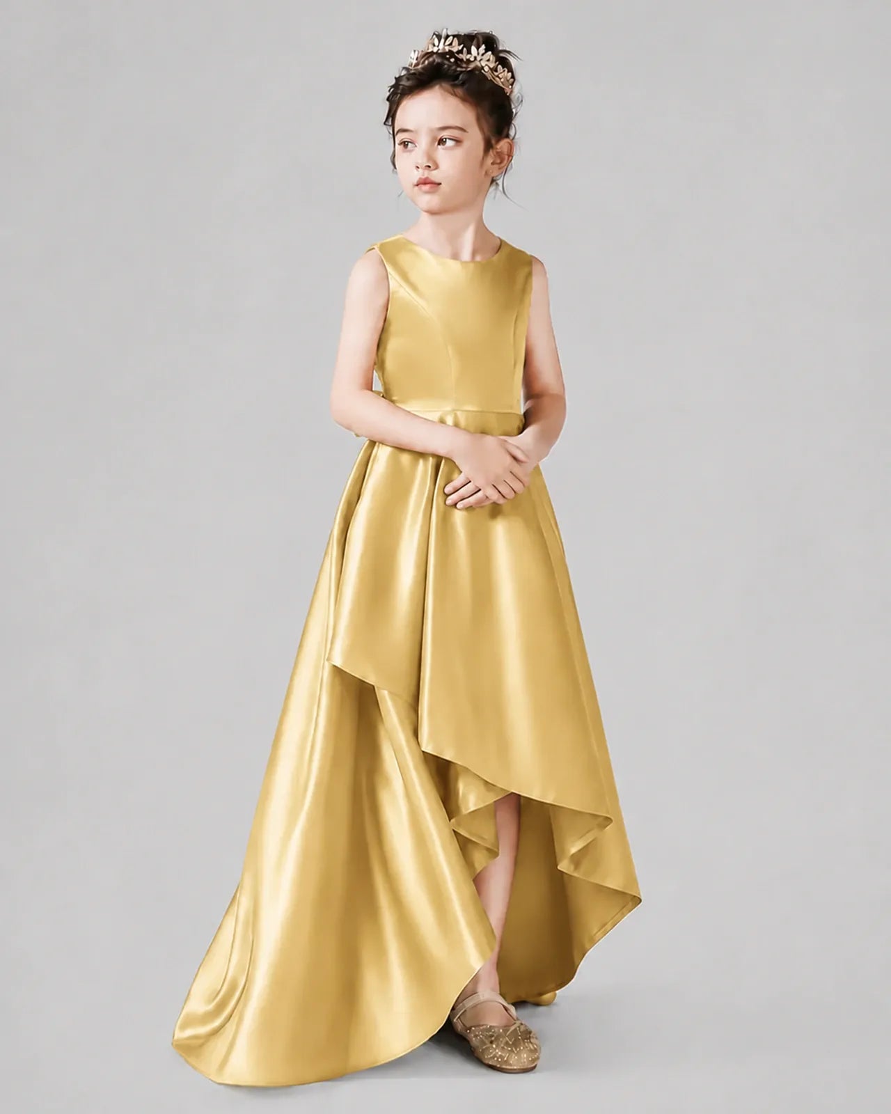 Gold Satin A-line Junior Bridesmaid Dress Side View