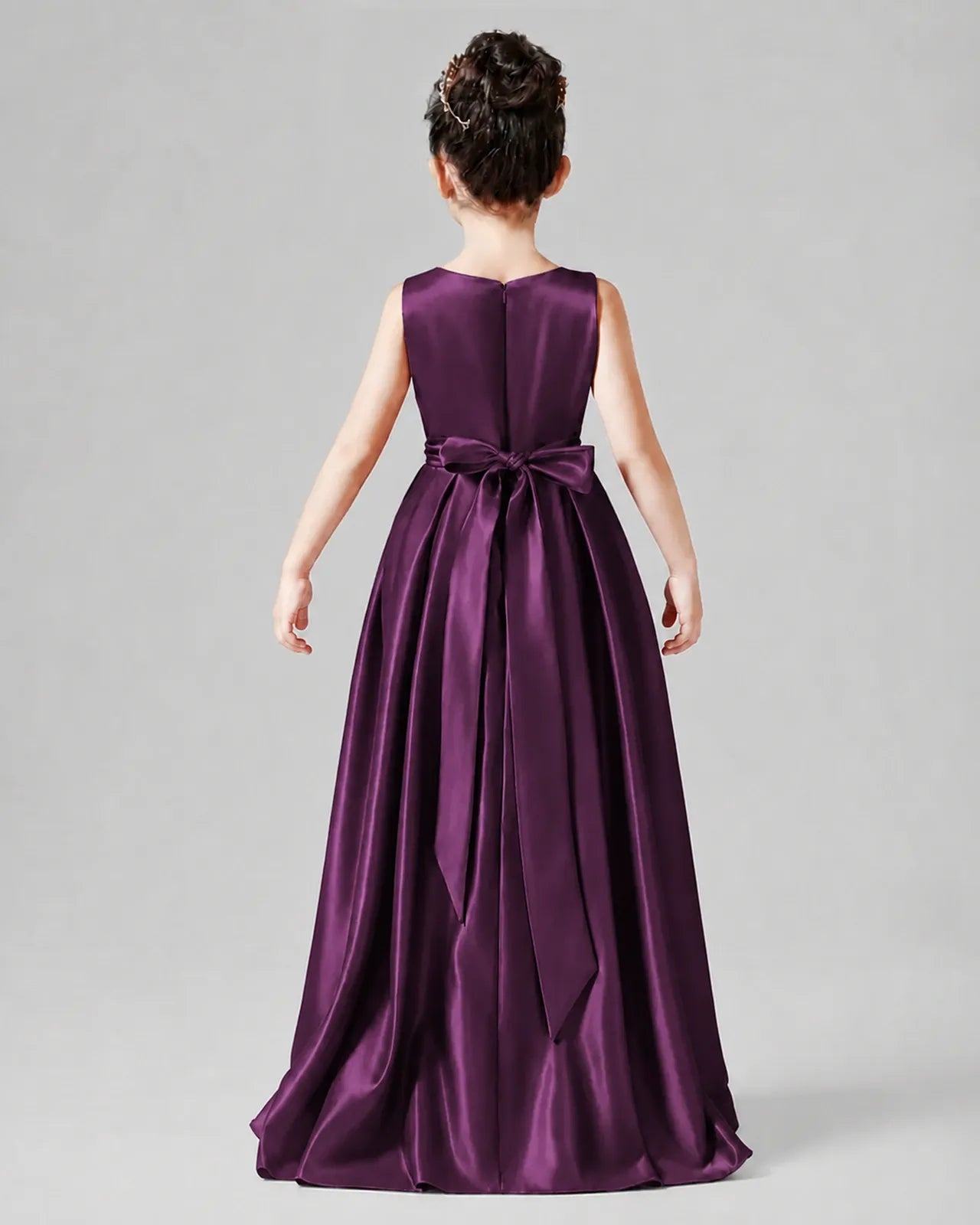 Grape Satin A-line Junior Bridesmaid Dress Back View