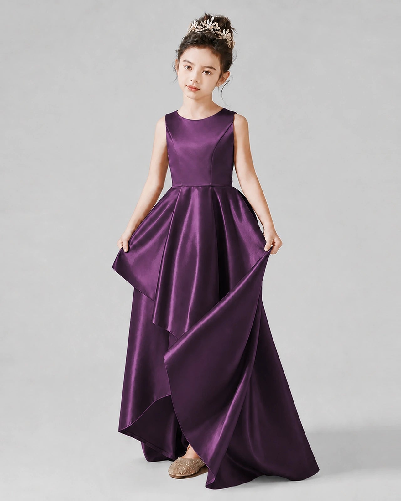 Dideyttawl Junior Bridesmaid Dress with Sleeveless Satin Bodice and High-Low Skirt