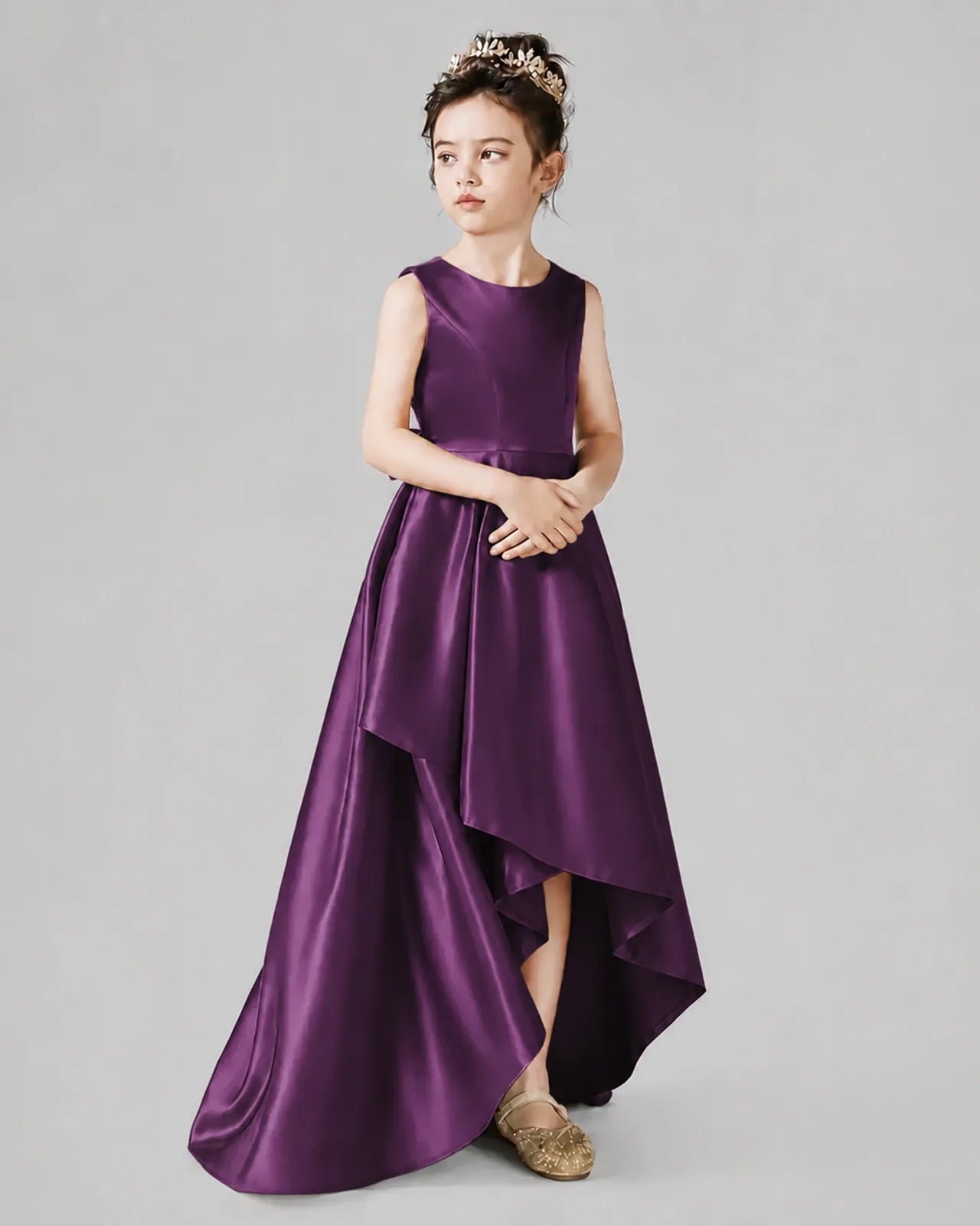 Grape Satin A-line Junior Bridesmaid Dress Side View