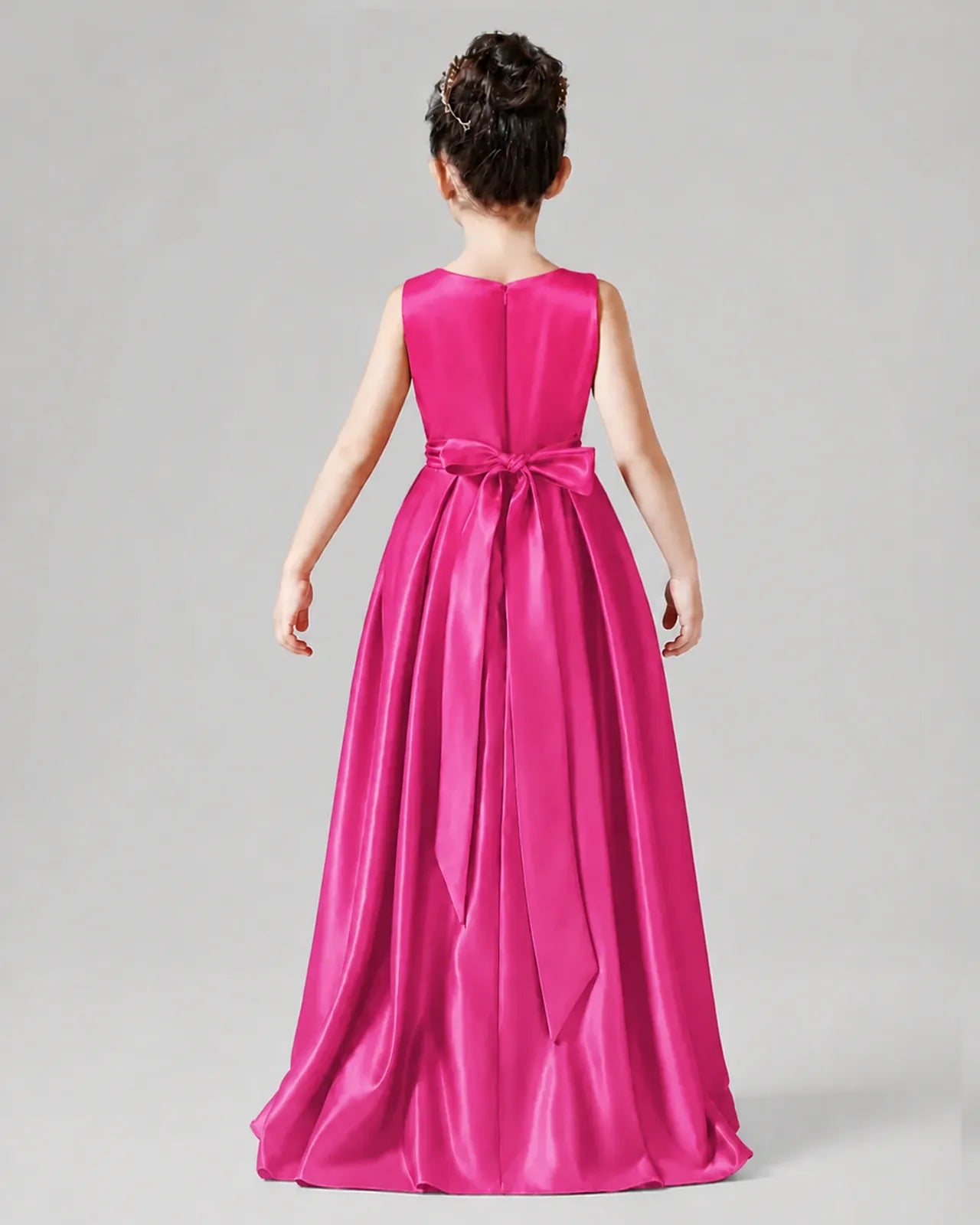 Hot Pink Satin A-line Junior Bridesmaid Dress Back View