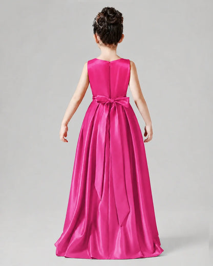 Hot Pink Satin A-line Junior Bridesmaid Dress Back View