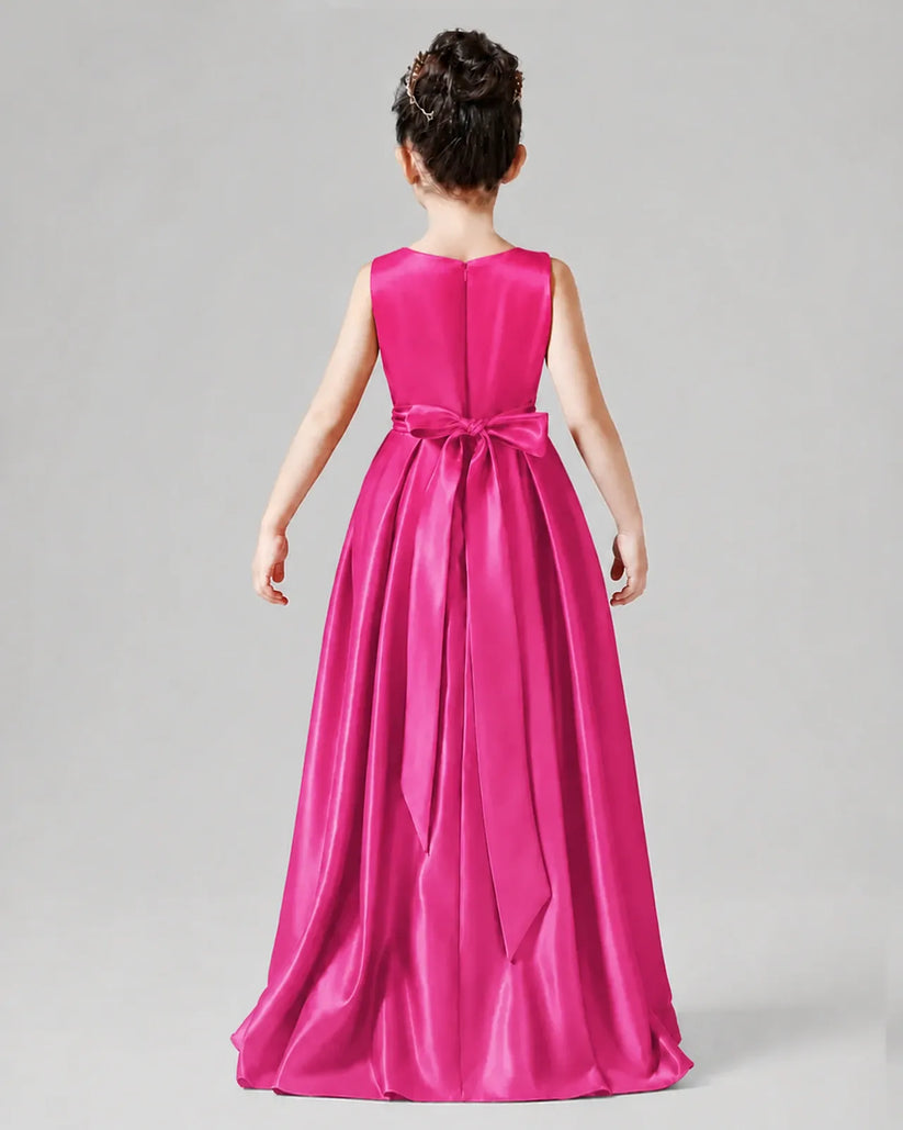 Hot Pink Satin A-line Junior Bridesmaid Dress Back View