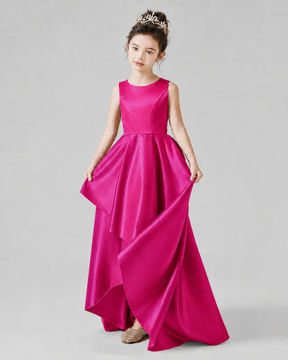 Hot Pink Satin A-line Junior Bridesmaid Dress Front View