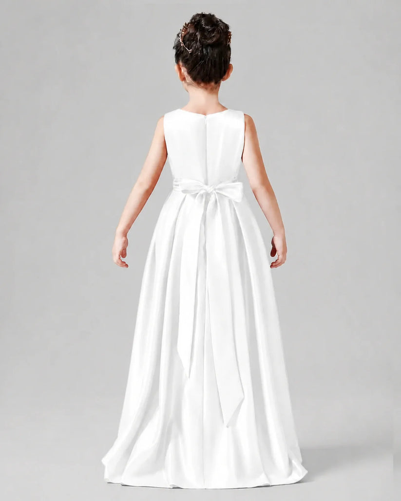 Ivory Satin A-line Junior Bridesmaid Dress Back View