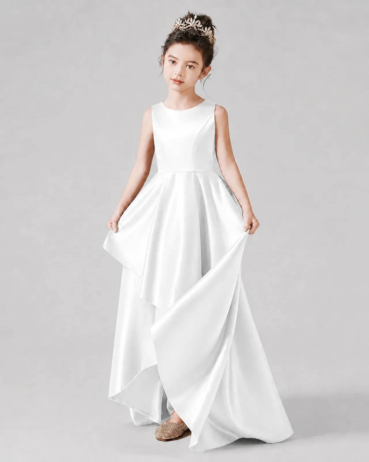 Ivory Satin A-line Junior Bridesmaid Dress Front View