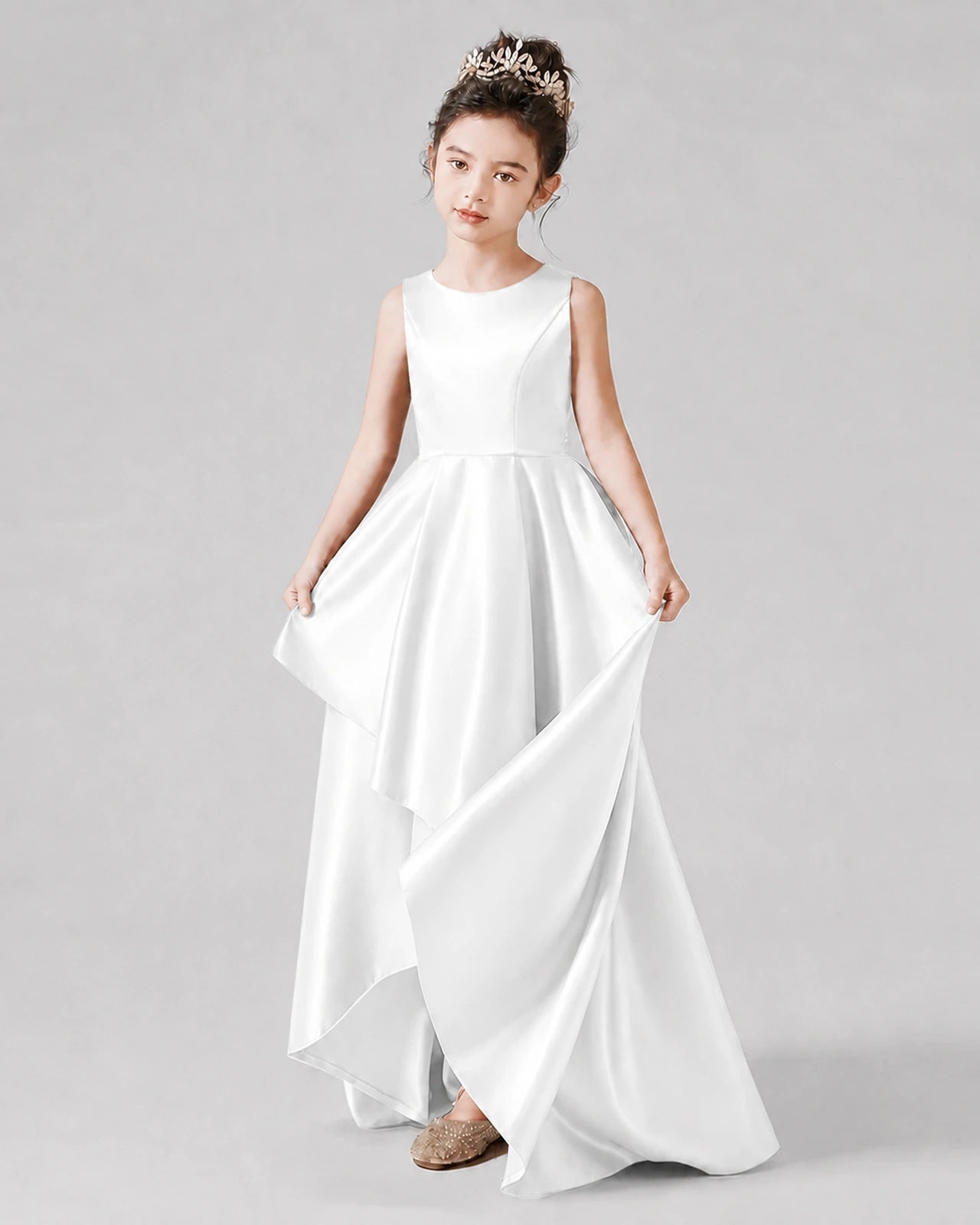Dideyttawl Junior Bridesmaid Dress with Sleeveless Satin Bodice and High-Low Skirt