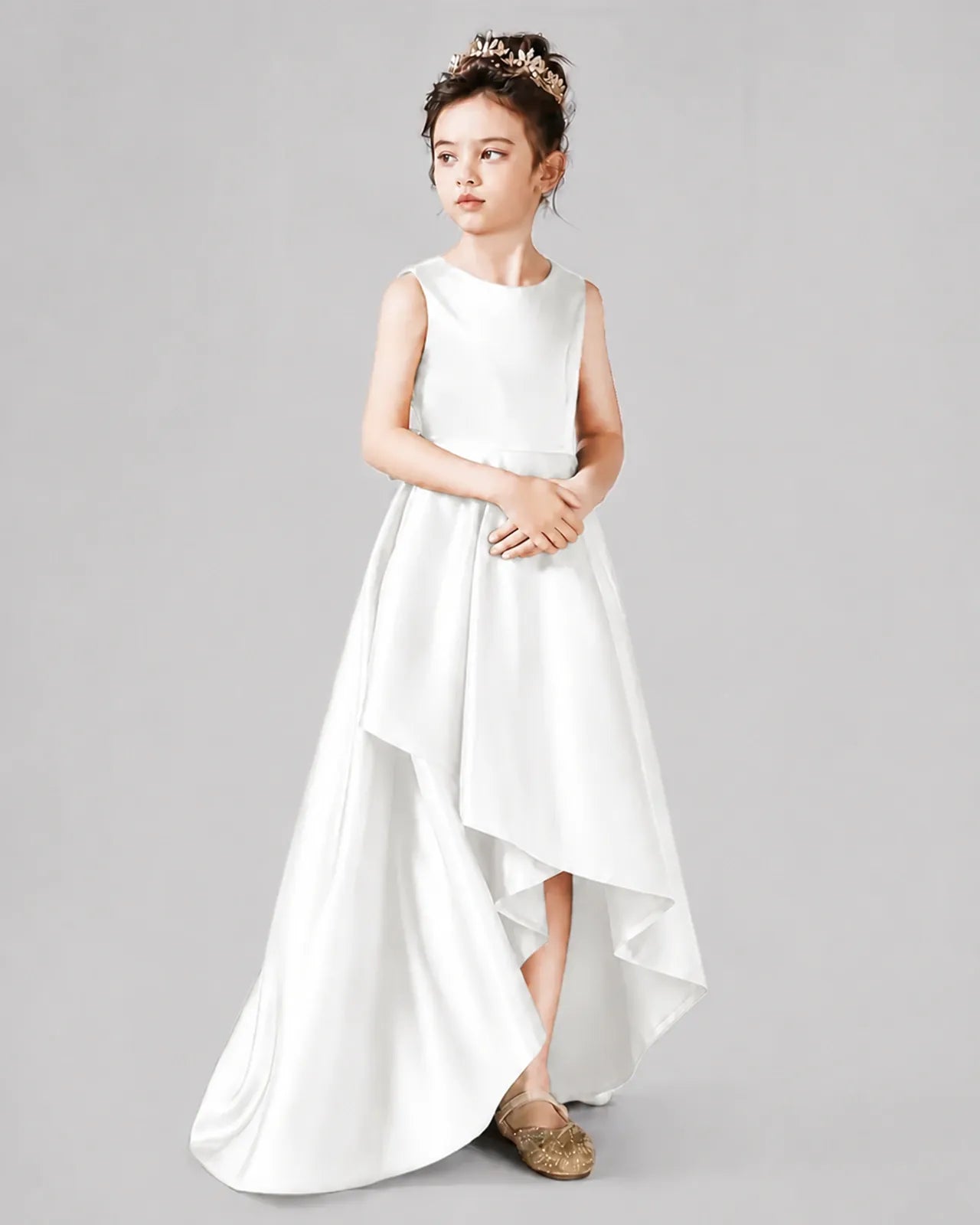 Ivory Satin A-line Junior Bridesmaid Dress Side View