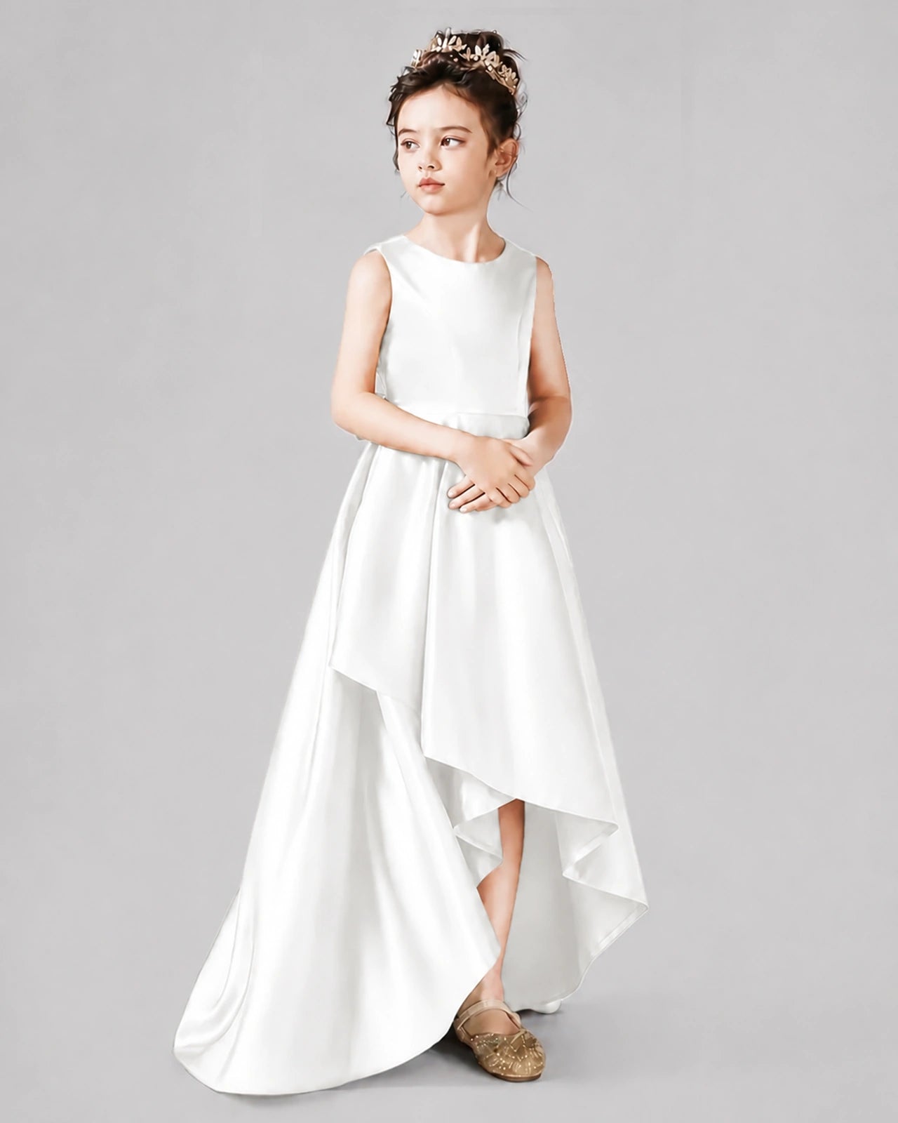 Dideyttawl Junior Bridesmaid Dress with Sleeveless Satin Bodice and High-Low Skirt