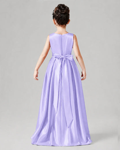 Lavender Satin A-line Junior Bridesmaid Dress Back View