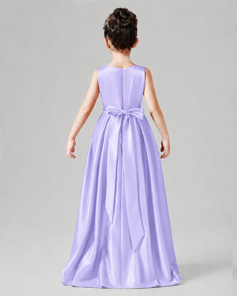 Lavender Satin A-line Junior Bridesmaid Dress Back View