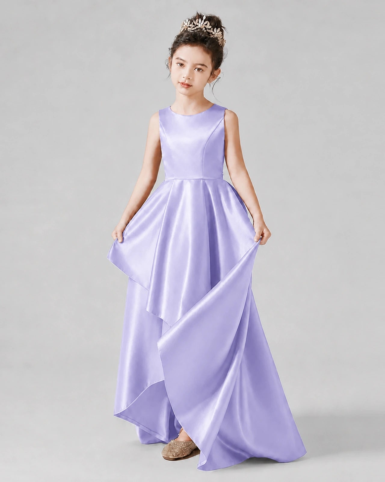 Dideyttawl Junior Bridesmaid Dress with Sleeveless Satin Bodice and High-Low Skirt