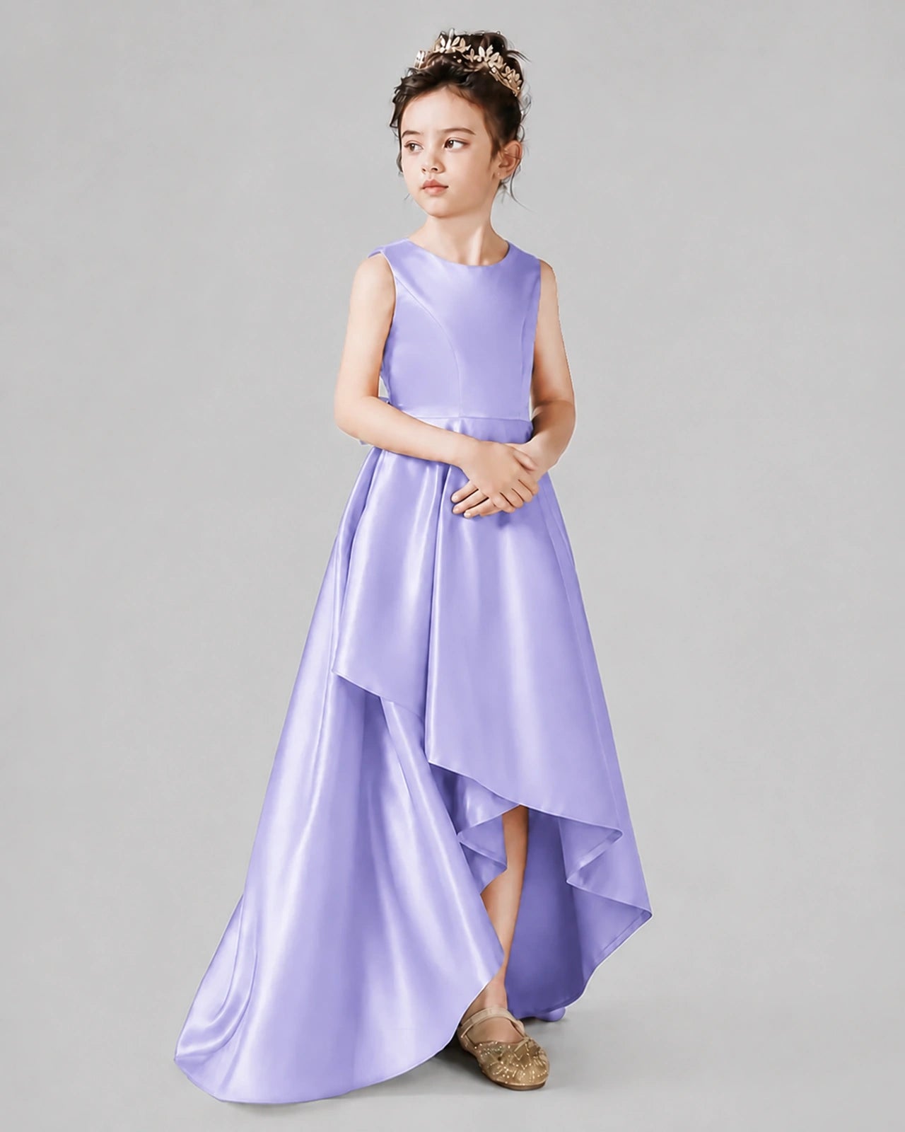 Dideyttawl Junior Bridesmaid Dress with Sleeveless Satin Bodice and High-Low Skirt