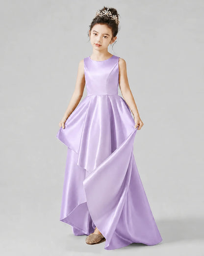 Lilac Satin A-line Junior Bridesmaid Dress Front View