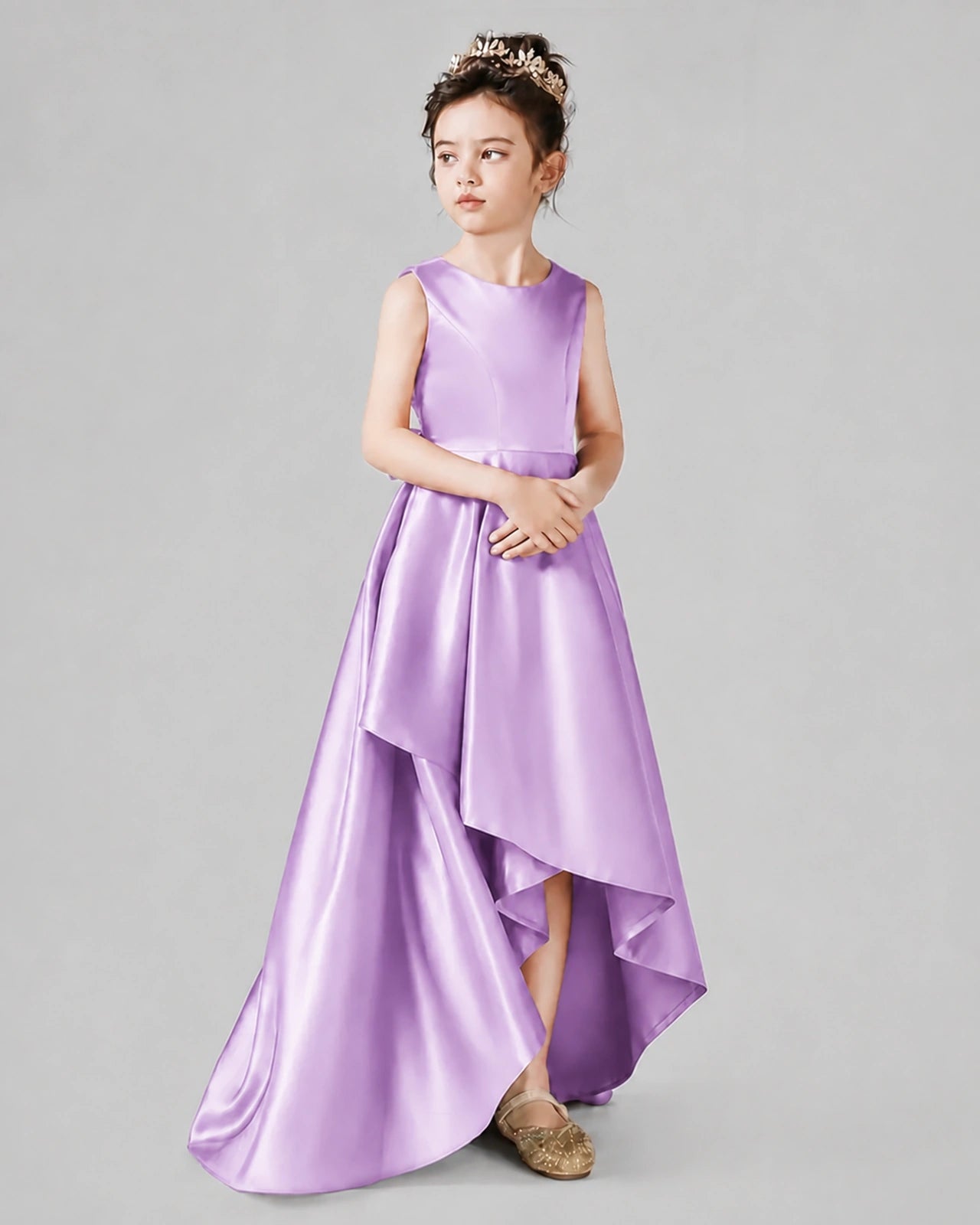 Dideyttawl Junior Bridesmaid Dress with Sleeveless Satin Bodice and High-Low Skirt