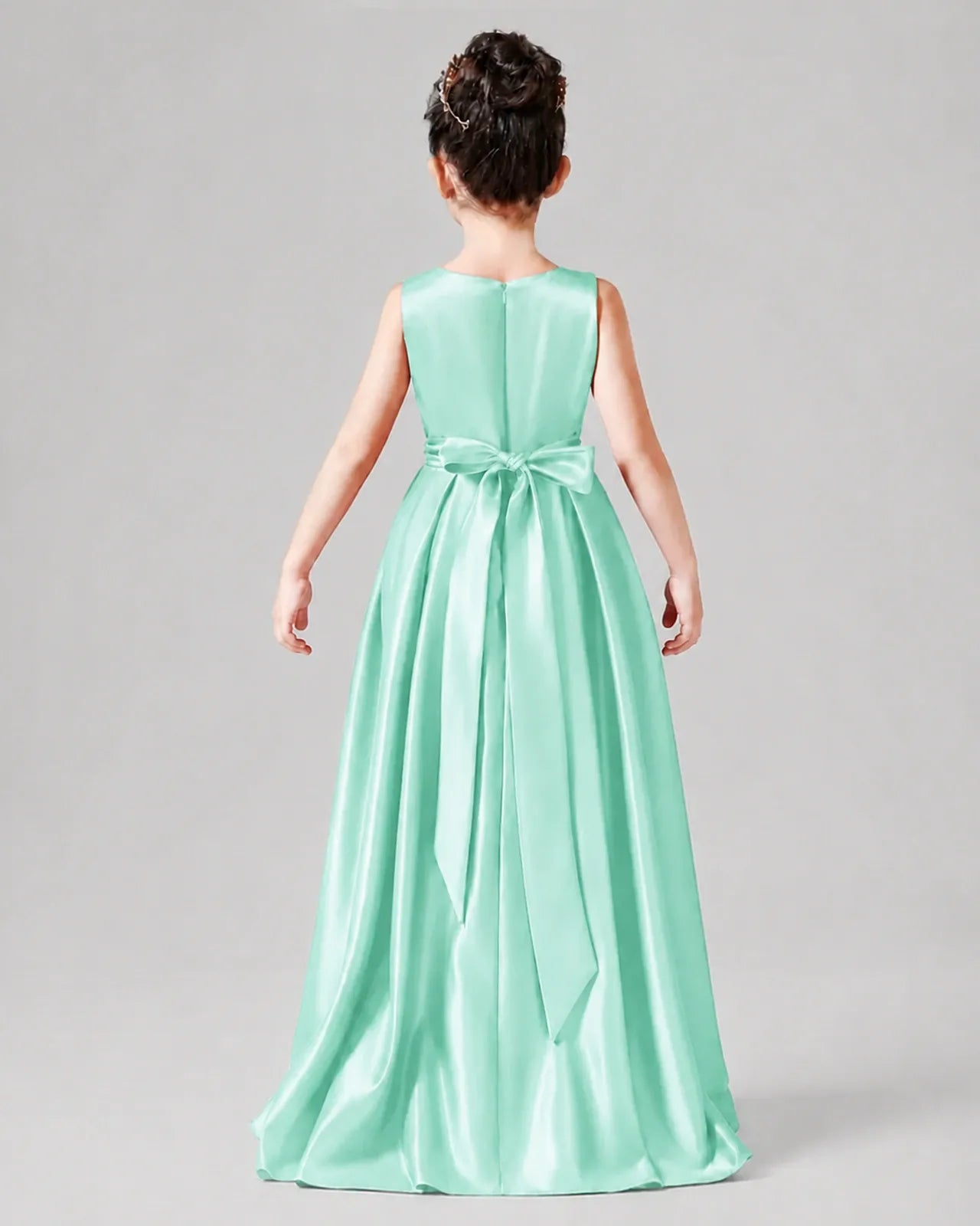 Mint Green Satin A-line Junior Bridesmaid Dress Back View