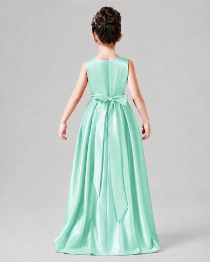 Mint Green Satin A-line Junior Bridesmaid Dress Back View