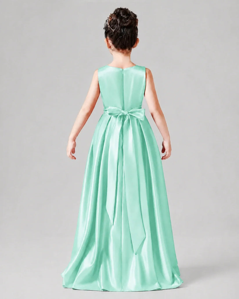 Mint Green Satin A-line Junior Bridesmaid Dress Back View