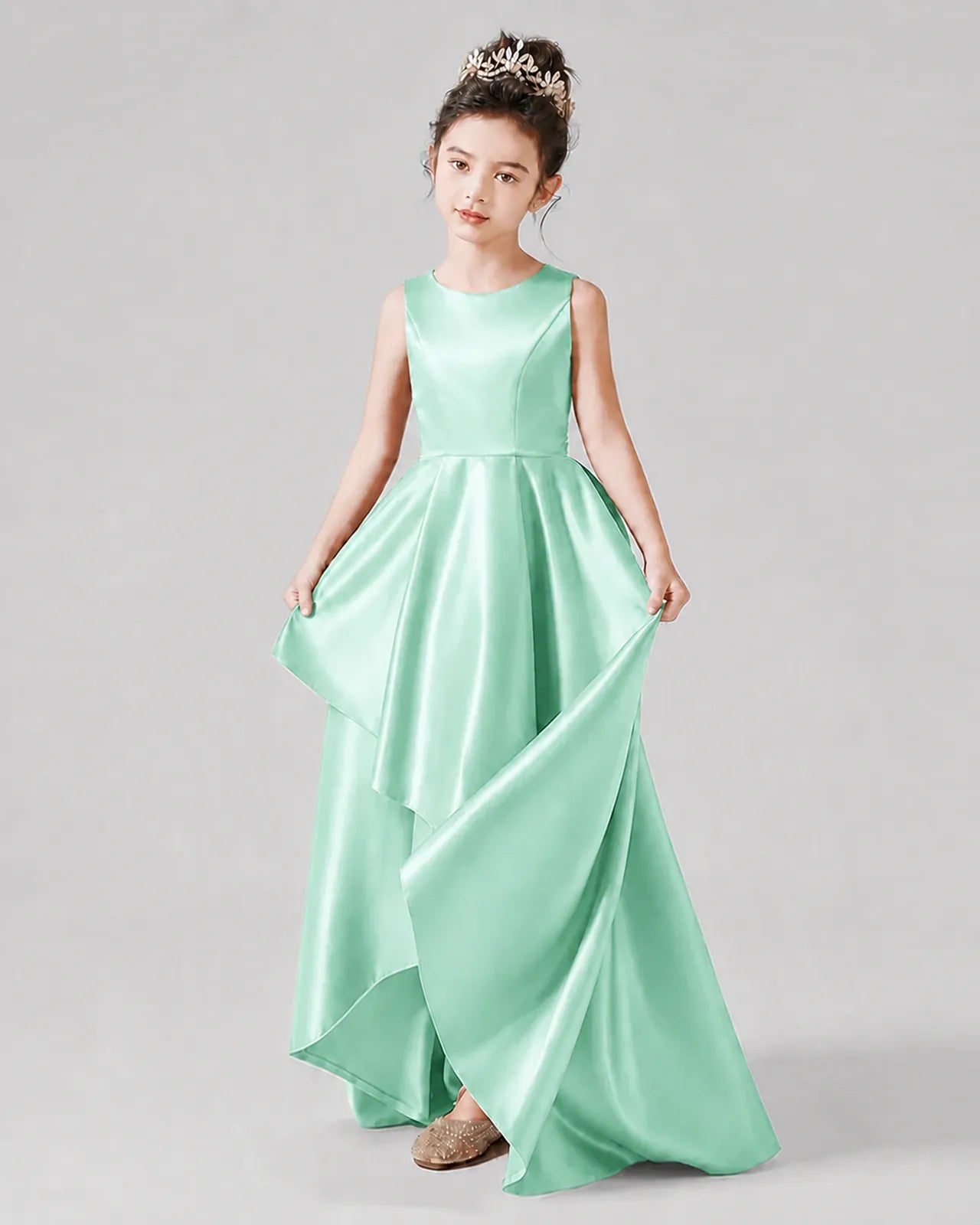 Mint Green Satin A-line Junior Bridesmaid Dress Front View