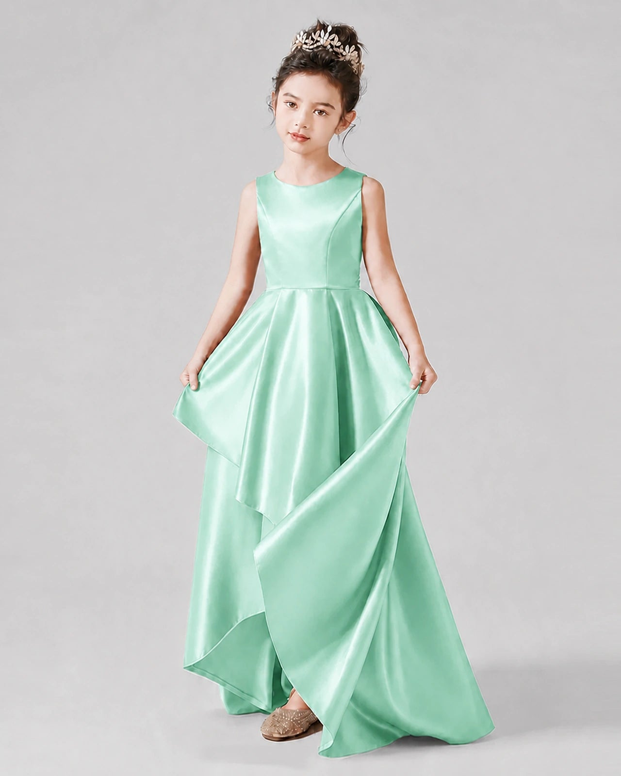 Dideyttawl Junior Bridesmaid Dress with Sleeveless Satin Bodice and High-Low Skirt