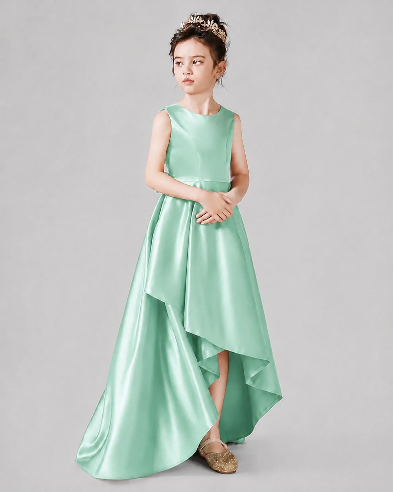 Dideyttawl Junior Bridesmaid Dress with Sleeveless Satin Bodice and High-Low Skirt