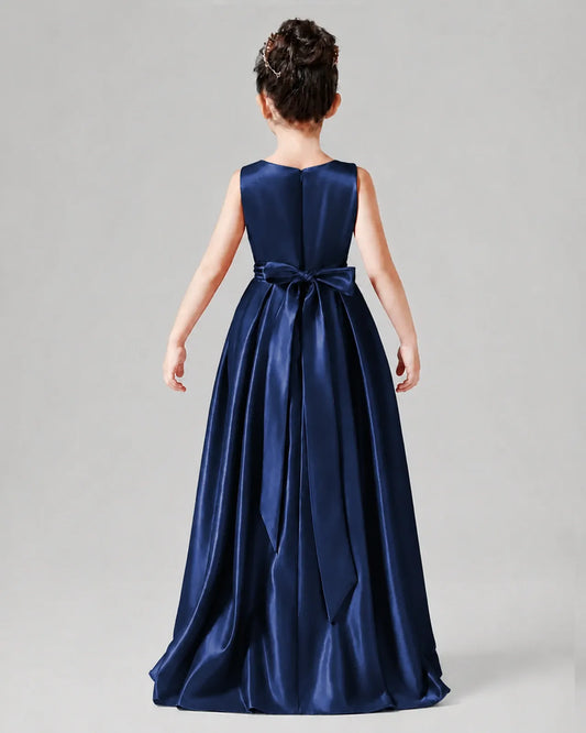 Navy Blue Satin A-line Junior Bridesmaid Dress Back View
