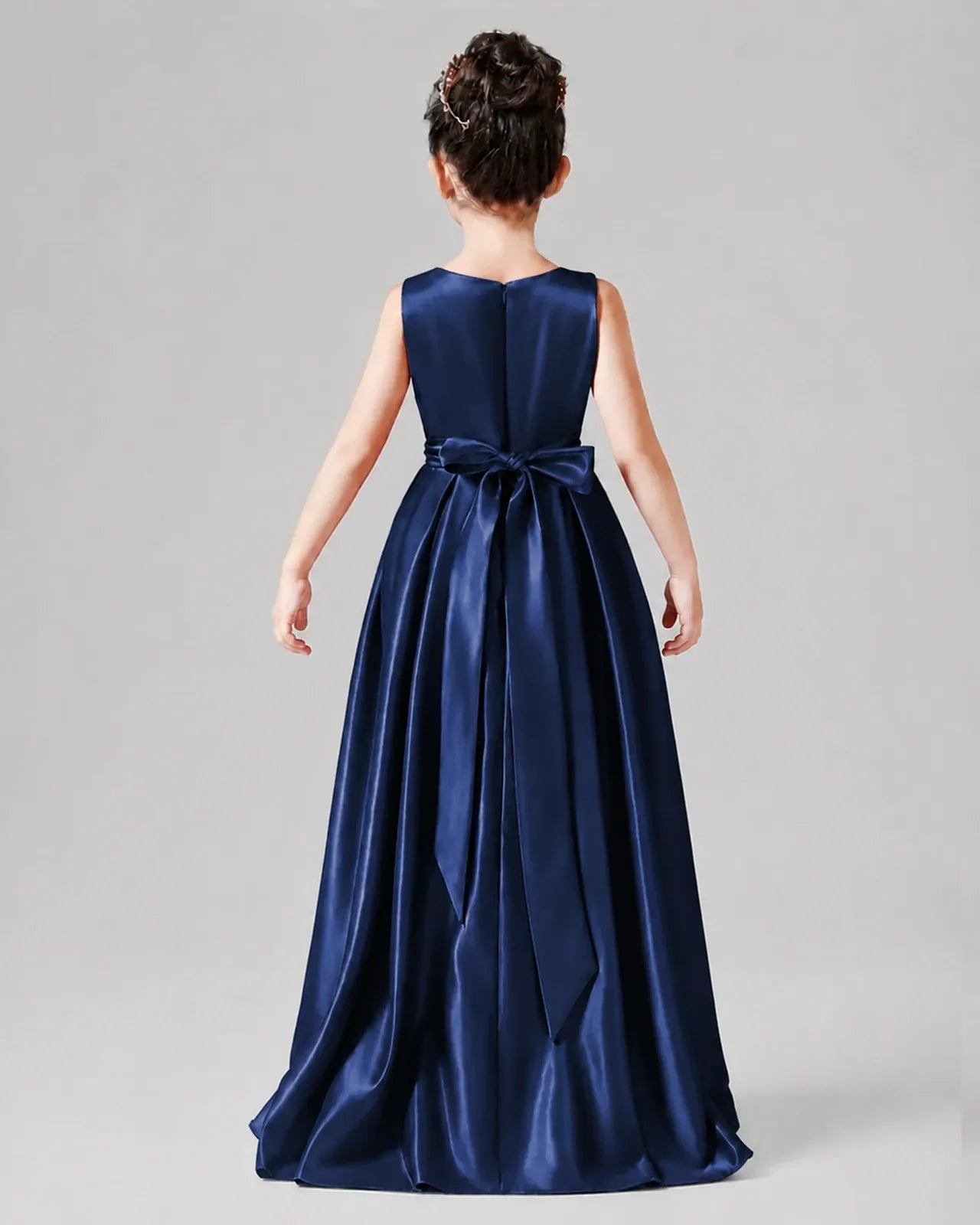 Navy Blue Satin A-line Junior Bridesmaid Dress Back View