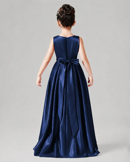 Navy Blue Satin A-line Junior Bridesmaid Dress Back View