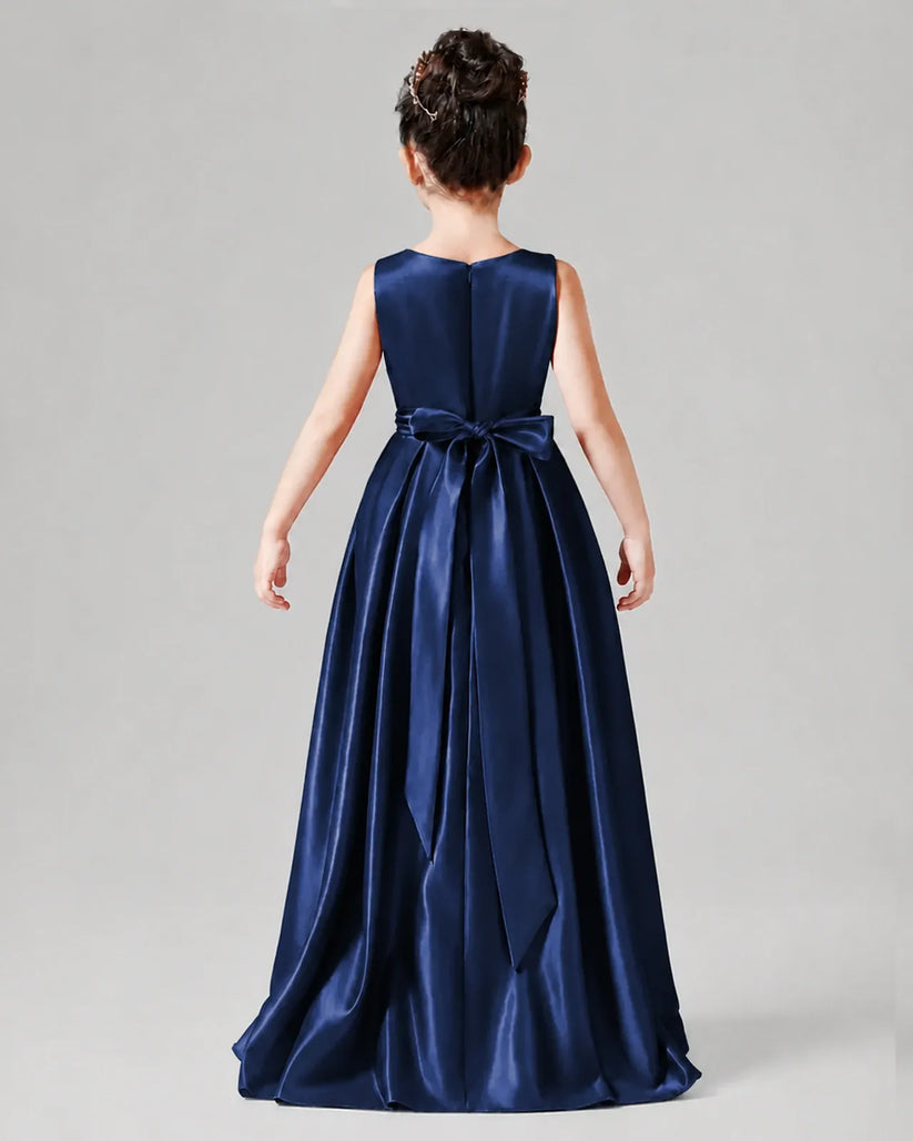 Navy Blue Satin A-line Junior Bridesmaid Dress Back View