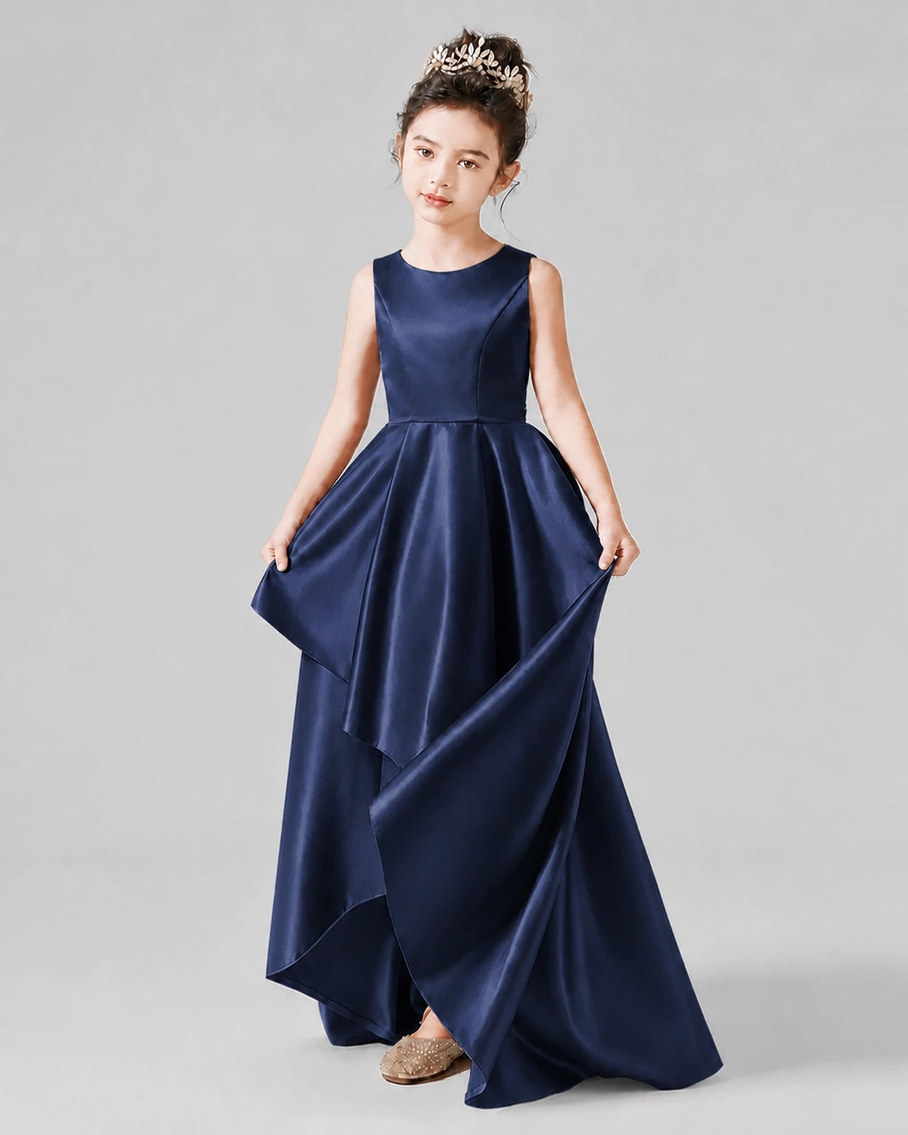 Dideyttawl Junior Bridesmaid Dress with Sleeveless Satin Bodice and High-Low Skirt