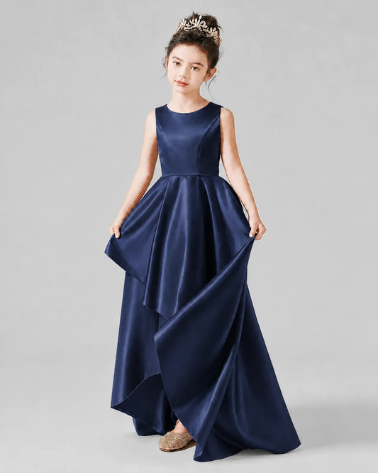 Navy Blue Satin A-line Junior Bridesmaid Dress Front View